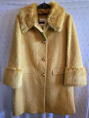 NWT kate spade Fluffy Wool Faux Fur Trim Coat Glitzy Ritzy Maize Yellow Size 10